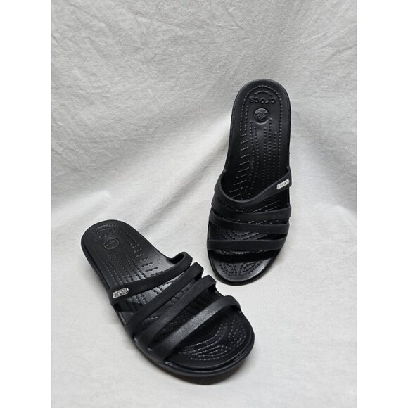 Crocs Rhonda Wedge Sandals Slip-On Strappy Slides Open Toe Black Women's Size 6 - Picture 1 of 6